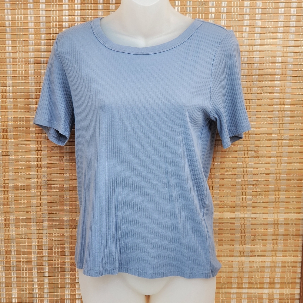 ♤ Lucky Brand Short Sleeve Ribbed Shirt Modal Blend Light Blue Size Large